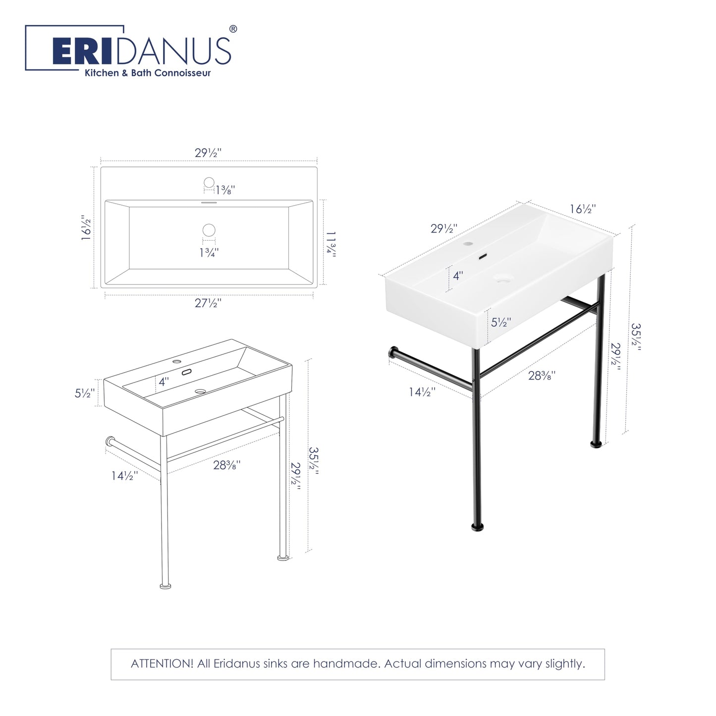 Eridanus 30"x16" Console Bathroom Sink, Free Standing 30 Inch Bracket Stainless Steel Support Pedestal Legs, Wall Mount Vessel Ceramic Vanity Basin, Modern Rectangular Sinks Porcelain, Matte Black
