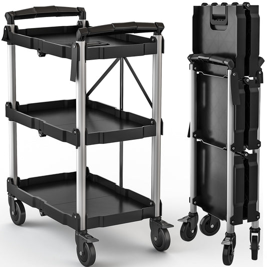 DWVO 3-Tier Folding Utility Cart, Foldable Service Cart Heavy Duty Collapsible Rolling Cart with 360° Swivel Wheels and Brake, 350LBS Load Capacity Portable Utility Cart for Kitchen, Warehouse, Garage
