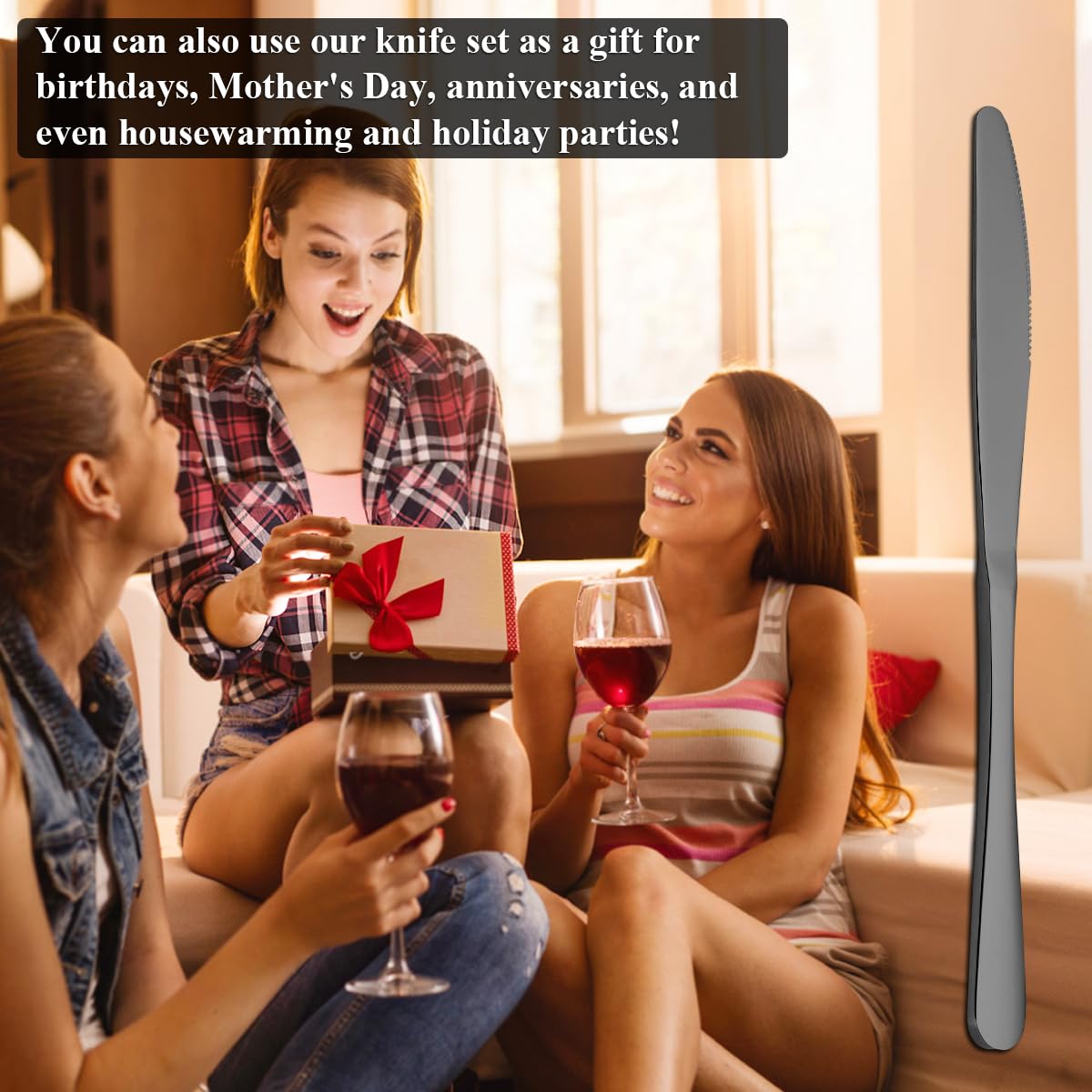 Evanda Black Dinner Knives 12 Pieces,Titanium Plating Black Stainless Steel Steak Knives Set Table Knives, Flatware Butter knife Knives Set Cutlery Set, Dishwasher safe