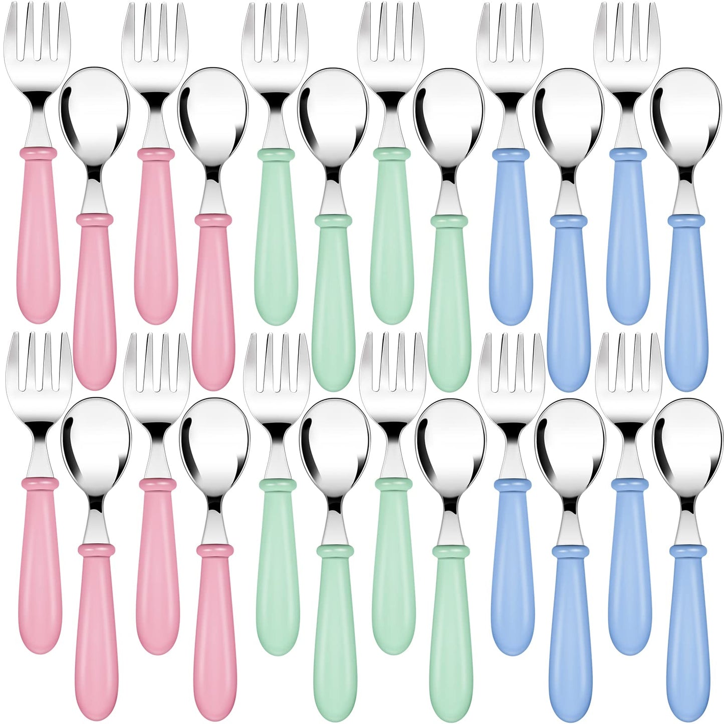 Honeydak 24 Pieces Toddler Utensils Kids Silverware Set Spoons and Forks with Round Handle Toddler Stainless Steel Kids Cutlery Spoons and Forks for Safe Dining Lunch Box Kitchen