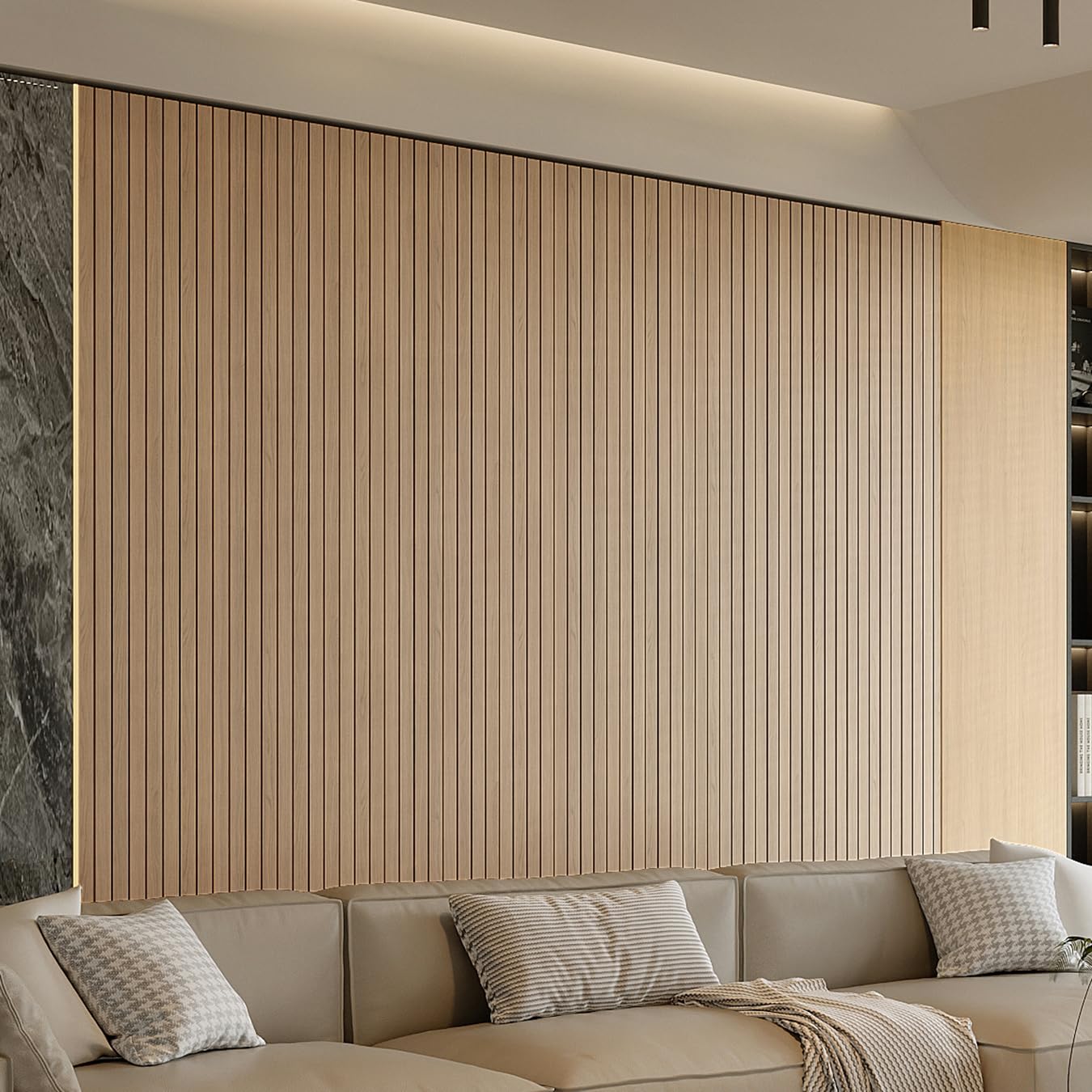 YU LI 3DH Peel and Stick PVC Slat Wall Panel 236"x15.75" Self-Adhesive Thick Faux Oak Wood Grain Wallpaper Panel 3D Soundproof Wall Panels for Walls & Ceilings