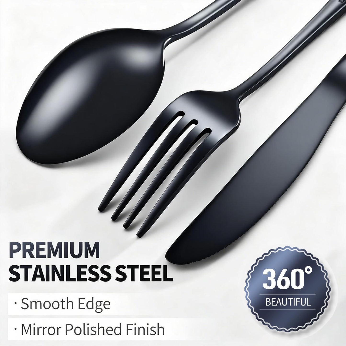 ERVILO 60 Piece Black Silverware Set - Service for 20, Stainless Steel Flatware Cutlery Set Include Knives Spoons Forks, Black Bulk Silverware for Wedding, Restaurant, Home, Dishwasher Safe