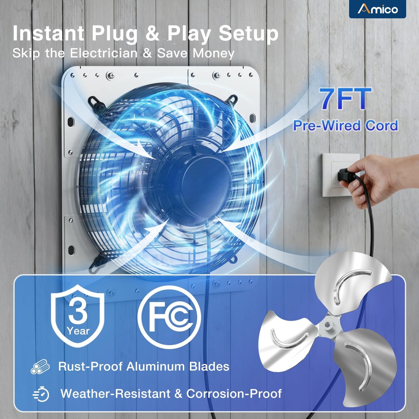 Amico 10" Shutter Exhaust Fan with Remote, 9-Speed Energy Efficient & Quiet 13W DC Motor 1000 CFM Wall Mount Ventilation Fan for Garage,Greenhouse,Attic & Chicken Coop,Plug & Play,8-Hour Timer,FCC