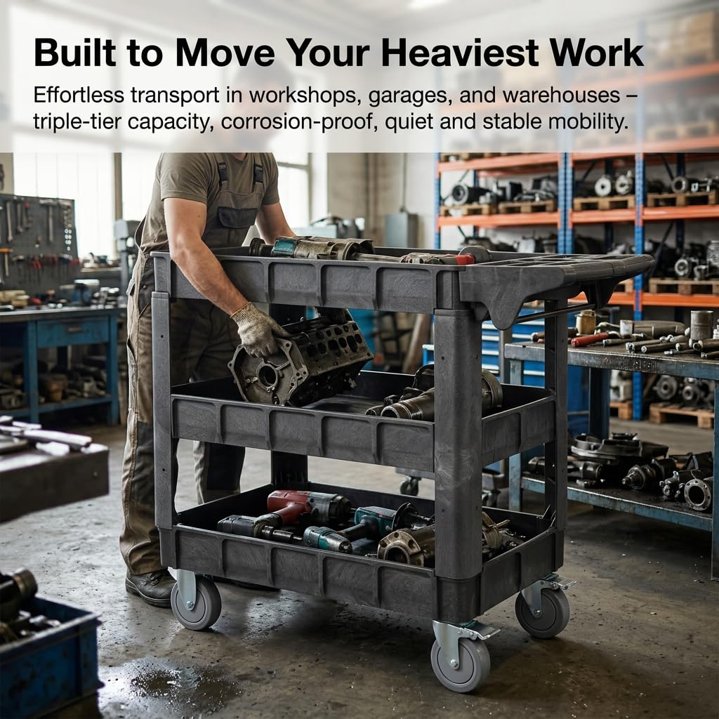 Finnhomy Commercial Grade 3‑Tier Heavy Duty Utility Service Cart 550 lbs Capacity 40.5" x 17.3" x 34.1" Rolling Cart with 5" Swivel Casters and Polypropylene Shelves, Dark Gray