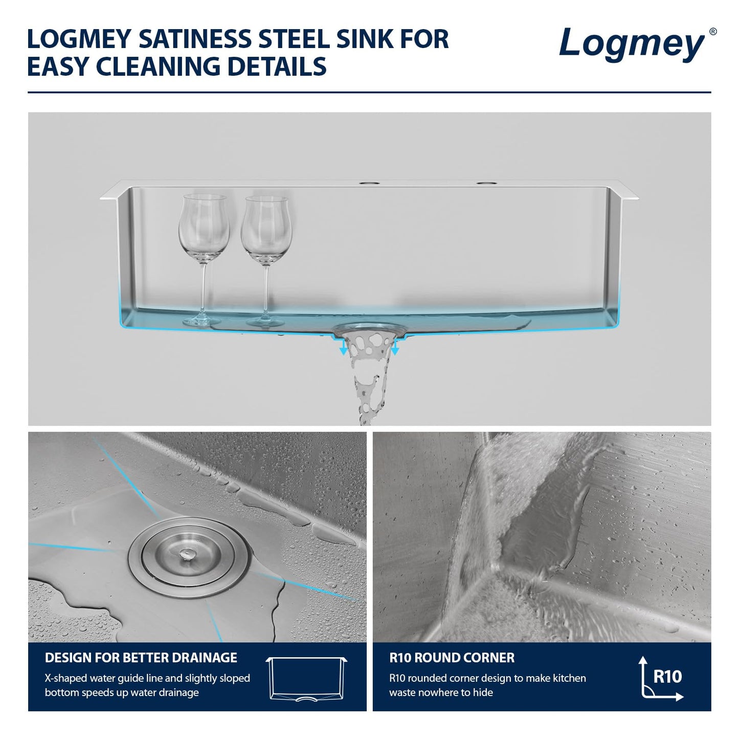 Logmey 33 Drop In Kitchen Sink - 33x19 Inches Stainless Steel Drop-in Kitchen Sinks 16 Gauge Round Corner Topmount Sink Overmount Single Bowl Kitchen Sinks