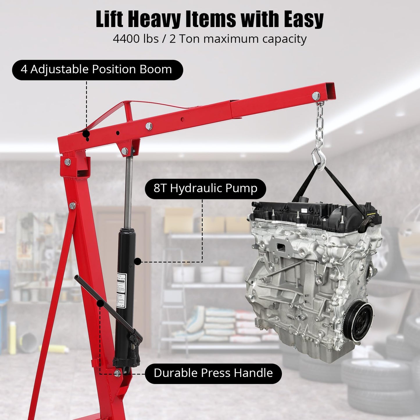 GarveeTech 2 Ton Hydraulic Engine Hoist, 4400 LBS Folding Picker Hoist, 6 Casters and Lever Heavy-Duty Hoists for Garage Auto Repair (Red)