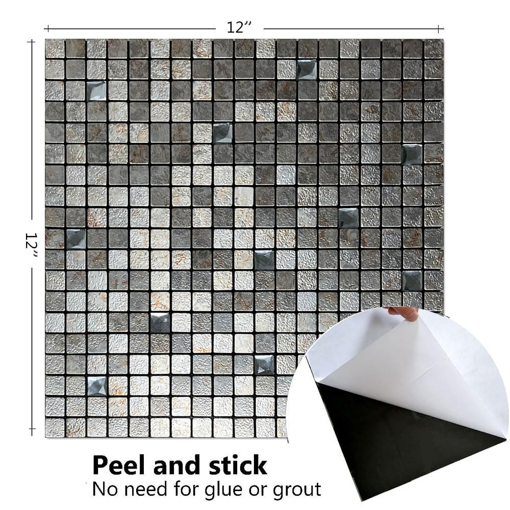 XUANINY Peel and Stick Backsplash Tiles for Kitchen,Bathroom,Fireplace,Self Adhesive Metal Aluminum Mosaic (12"x12") (10, Printed Silver Grey)