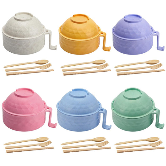 Romooa 6 Sets Microwave Ramen Bowl Bulk 40 oz Wheat Straw Instant Ramen Cooker Set Portable Noodle Cooker with Handle Spoon Chopsticks Fork for College Dorm Room Gift (Fresh Colors)