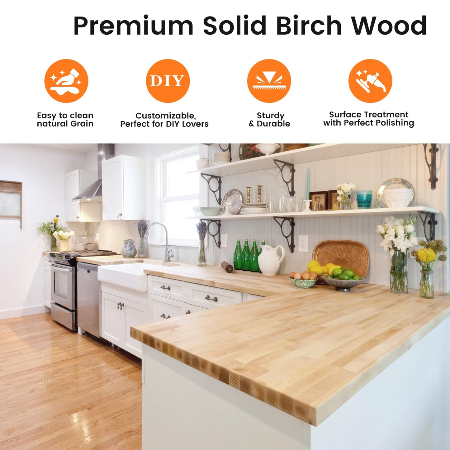 Butcher Block Countertop, Solid Wood Table Top-1.5ft Unfinished Large Wood Cutting Board, Birch Counter Slab Cut to Size for DIY Desktop/Washer Counter/Kitchen Island/Bakery Worktable 18"x25"x1.5"