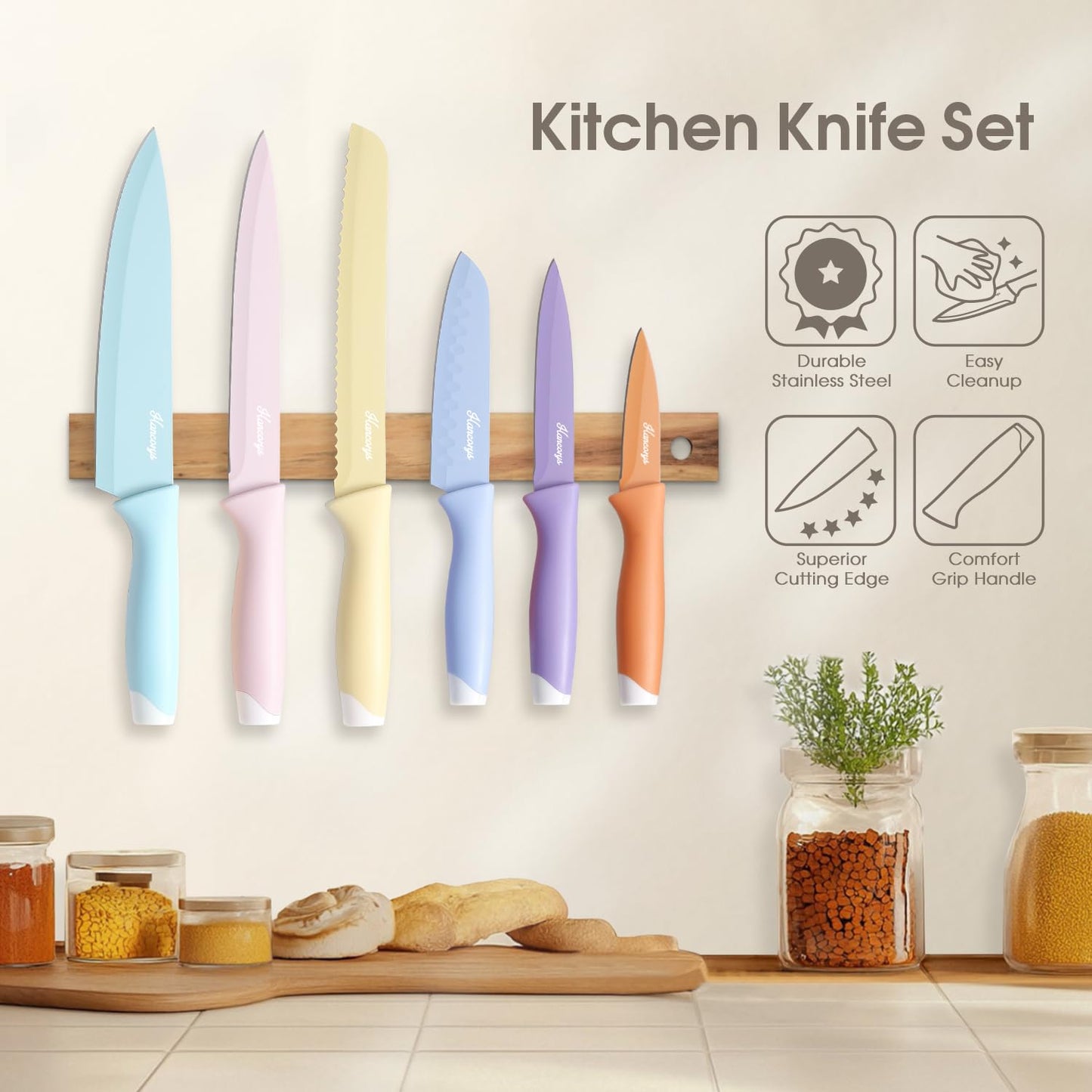 Hancorys Knife Set, 13 PCS Kitchen Knives Set with Nonstick Ceramic Anti-Rust Coating, Stainless Steel Chef Knife Sets with 6 Blade Guards, Dishwasher Safe, House Warming Gifts New Home