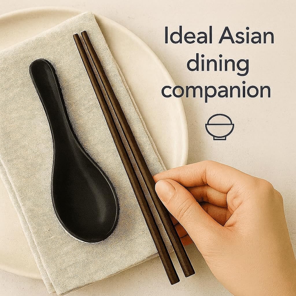 KOLIBROX Asian Soup Spoons Set - Durable Melamine Spoon for Ramen,Miso, Japanese & Chinese Soups - Comfortable Grip, Dishwasher Safe & Long-Lasting | One Set/ 6PCS (black)