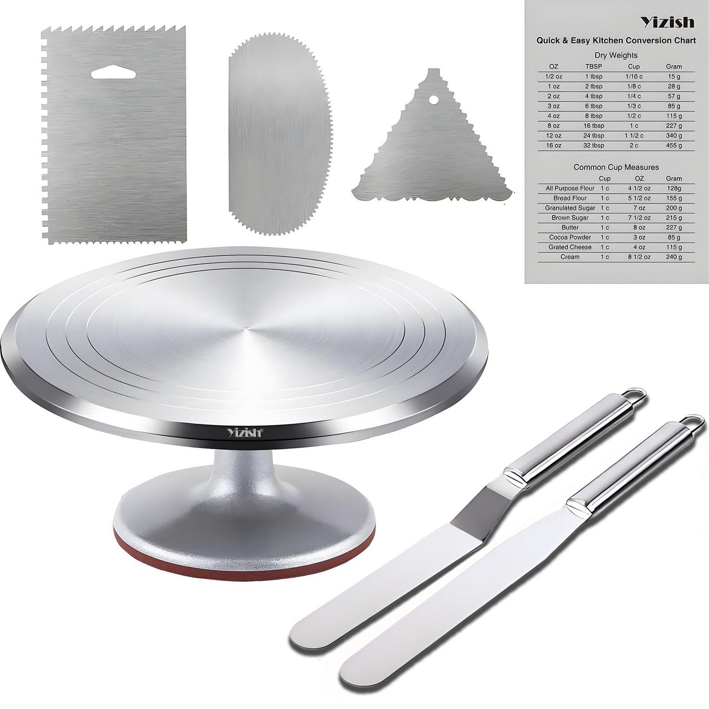 Yizish Cake Turntable Aluminum Alloy, 12 Inch Rotating Cake Stand Decorating Kits with Stainless Steel Icing Spatula (2pcs) and Icing Smoother (3pcs) for Baking, Pastries and Cupcakes