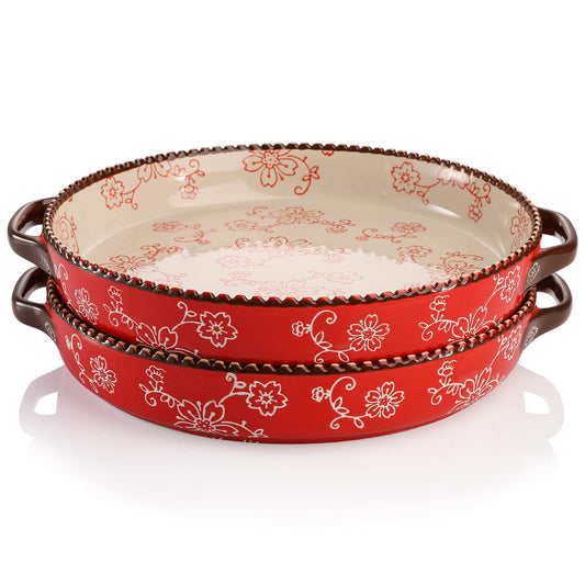 AVLA 2 Pack Ceramic Pie Pan, 9 Inch Round Baking Dish with Double Handle, 28 Ounce Deep Quiche Plate for Kitchen, Cooking, Roasting Lasagna (Sakura, Red)