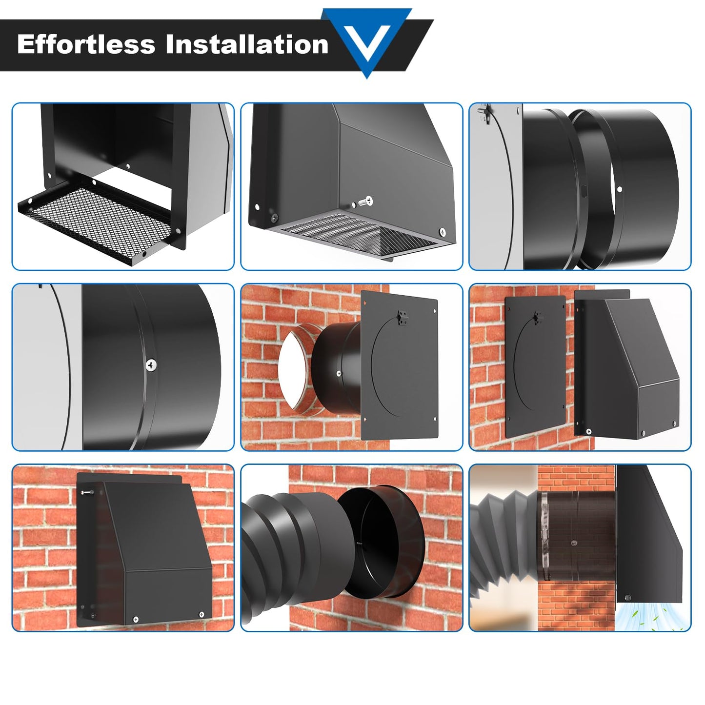 6 Inch Wall Vent with Screen and Damper, Galvanized Steel Hooded Wall Vent Cover Black Metal Exhaust Duct Cap Kit with Hose Clamp Aluminum Foil Tape Screw for Outdoor Laundry Room Kitchen Range Hood