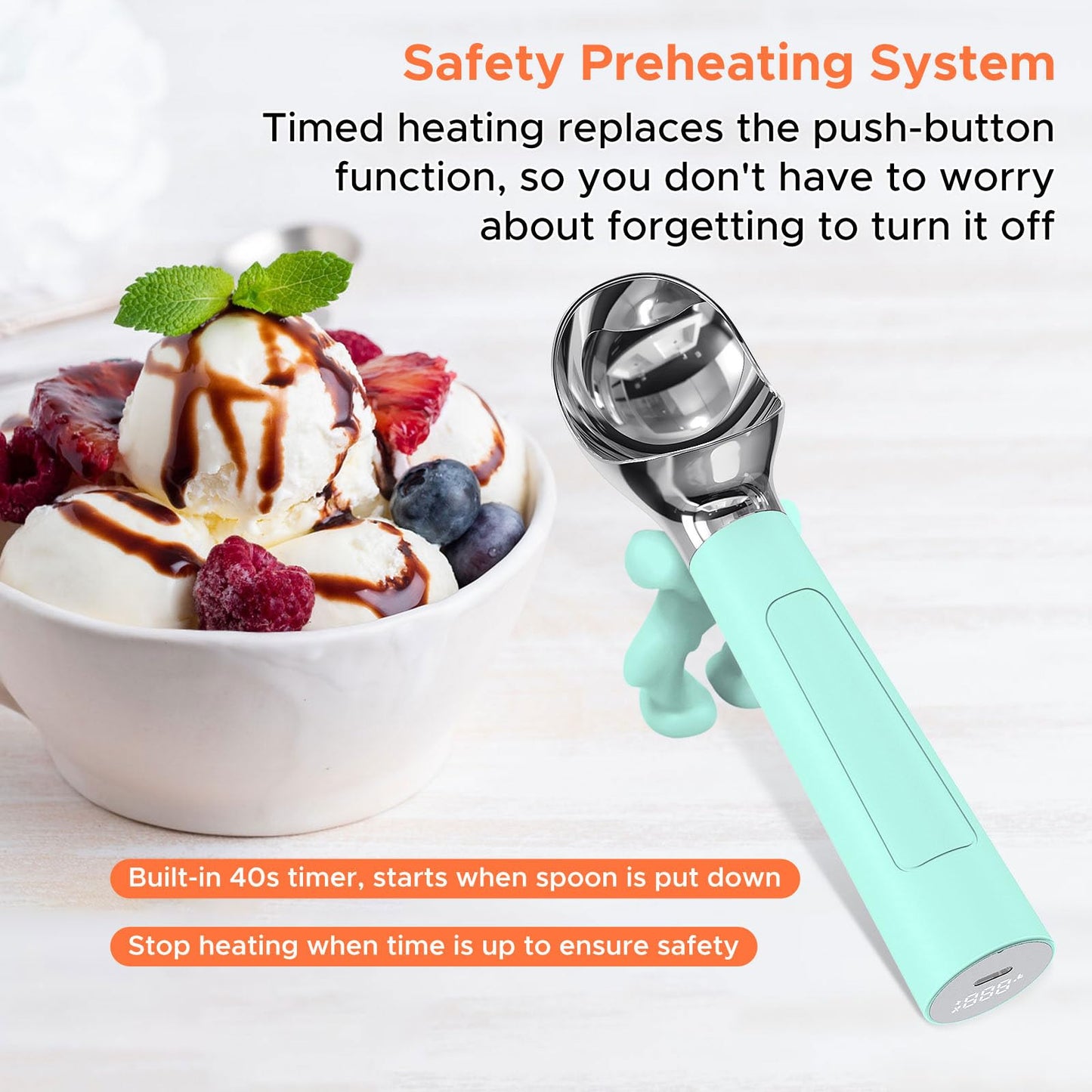 LT LAUDTEC Heated Ice Cream Scoop, Rechargeable Electric Warming Scooper, LED Display, Heats to 158F, IP67 Waterproof, Easy for Seniors & Kids (Blue)