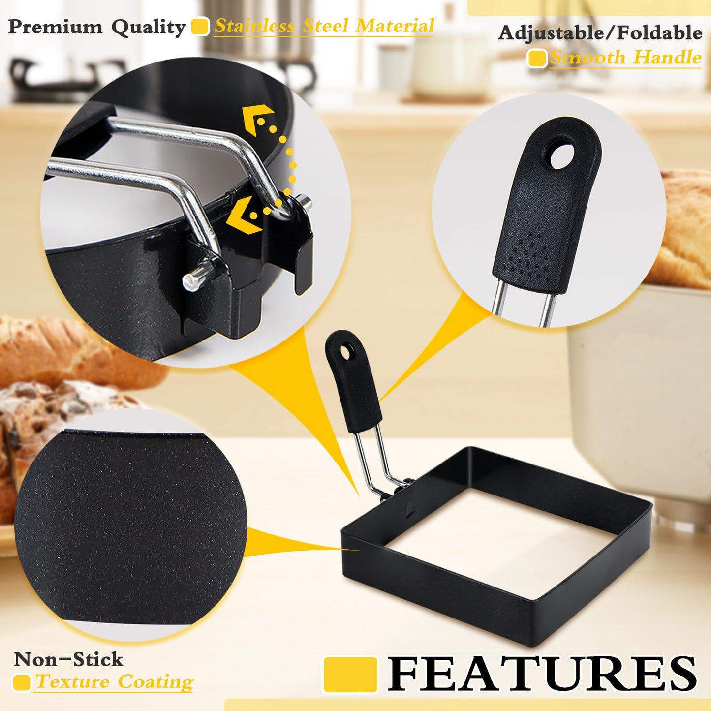 LXLOVESM 2-Pack 4'' Square Egg Rings Set with Silicone Handle, Stainless Steel Egg Cooking Rings，Nonstick，For Frying Eggs and English Muffins Pancake, Egg Mold Shaper For Breakfast