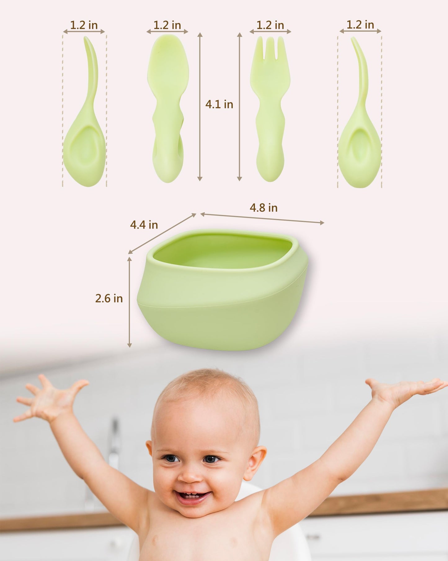 Tiny Genius Toddler Utensils Set Ergonomic Fork and Spoon and Bowl Set Non-Slip Design for baby 1-4 Year Olds Self-Feeding BPA Free Silicone Microwave and Dishwasher Safe Fine Motor Skills (Green)