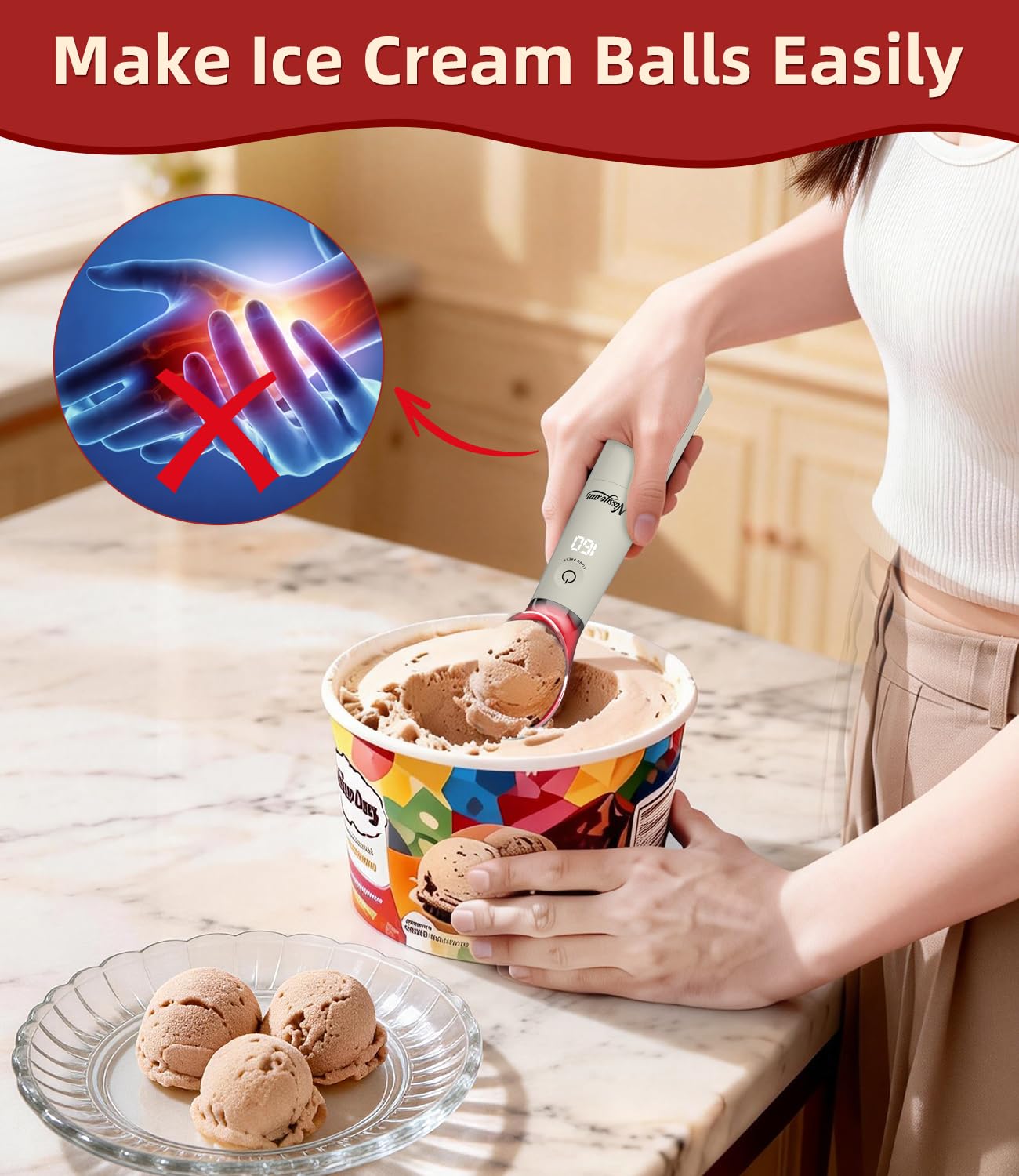 NISSYO.AM Heated Ice Cream Scoop Rechargeable, Electric Ice Cream Scooper with Removable Battery &Drip-Proof Stand, OneTouch 3 Fast Heating Levels for Hard Ice Cream, IP68 Waterproof,Best Gift for Mom