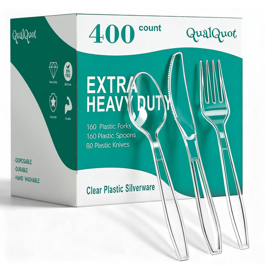 QualQuot 400 Count Clear Plastic Silverware, Extra Heavy Duty Plastic Utensils Set Includes 160 Forks, 160 Spoons and 80 Knives, BPA-Free and Heat Resistant Disposable Cutlery for Party and Daily Use
