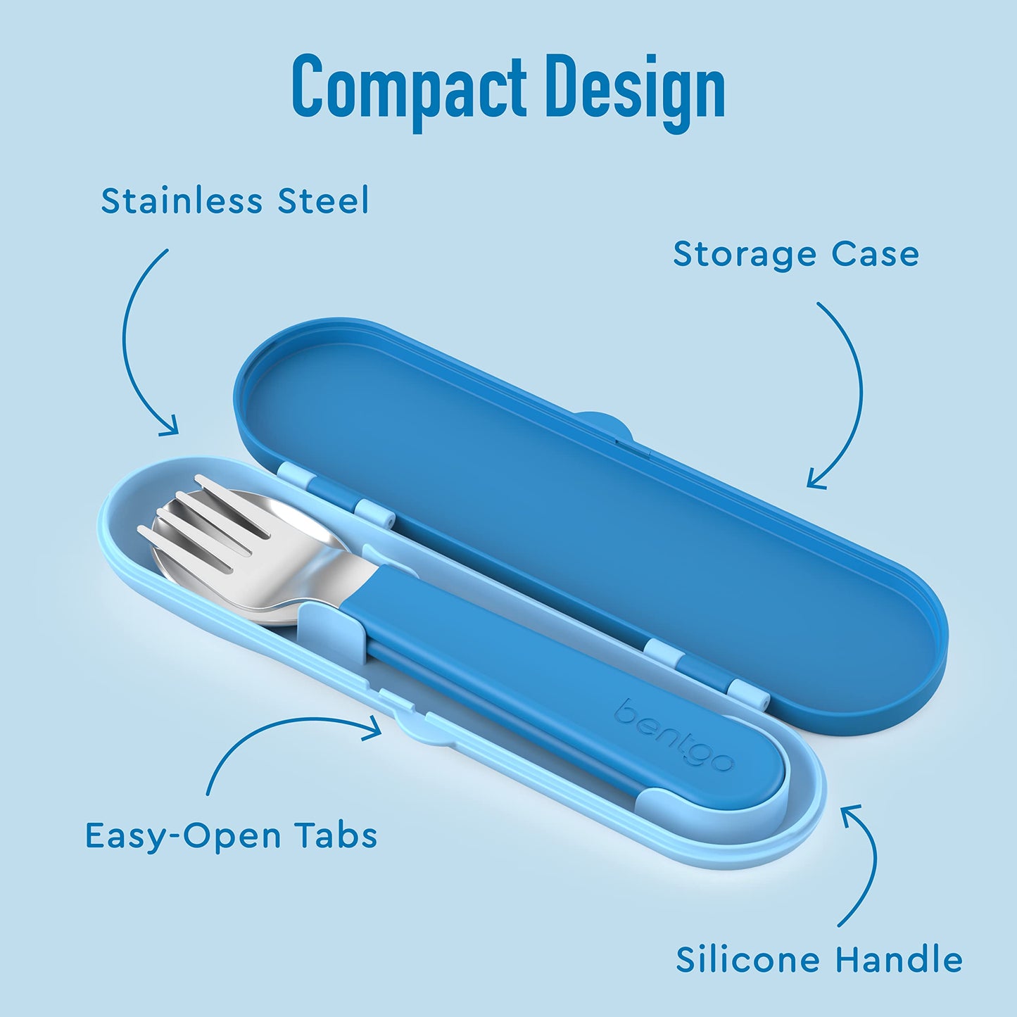 Bentgo Kids Stainless Steel Utensil Set - Reusable Fork, Spoon & Storage Case, PFAS- & BPA-Free, Easy-Grip Handles, Lightweight, Dishwasher Safe, School Lunch, Travel & Outdoors (Blue)