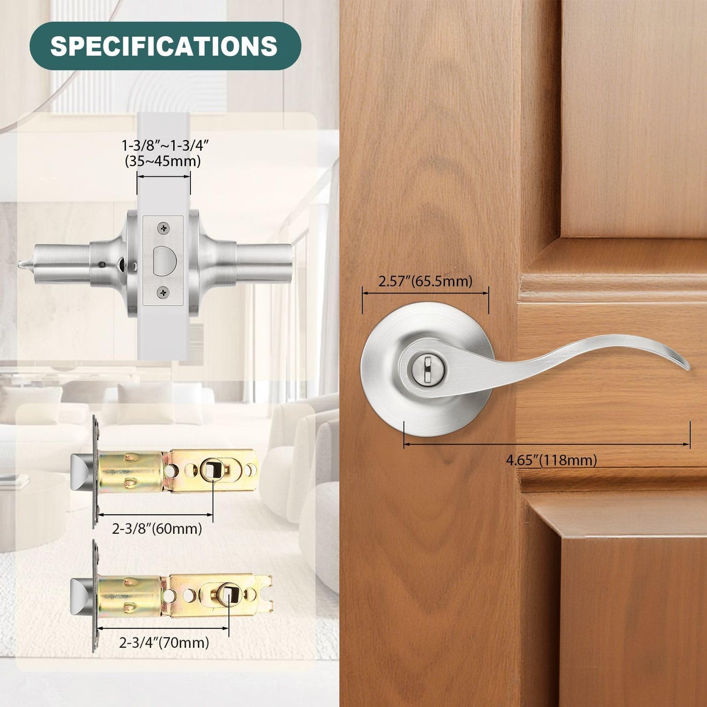 GOBEKOR 5 Pack Brushed Nickel Door Handle Interior Door Levers Privacy for Bedroom Bathroom Door Lock Keyless Wave Lever Door Handles