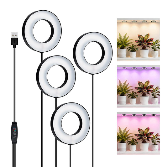Mcbazel Ceiling Grow Lights for Indoor Plants, with 3/9/12H Auto Timer Switch, 3 Colors,10 Dimming, Quad Head, Corded, Mini Growing Lamp for Pot Plants, Succulents, Shelves