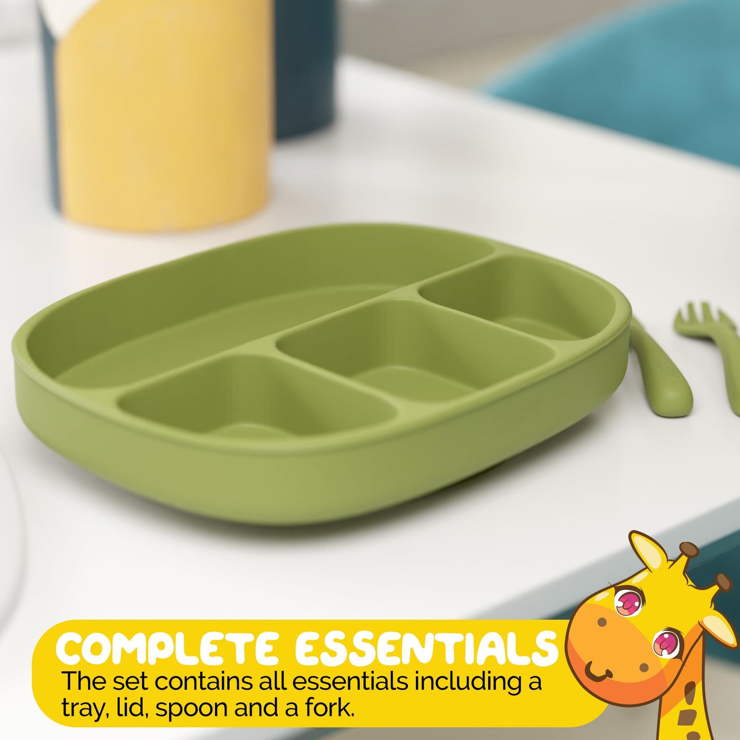 Muqee Peeko Toddler Necessities Baby Feeding Essentials Set for Baby in Green Color with Baby plates with Suction and Silicone Utensil Set - (3 Pieces)