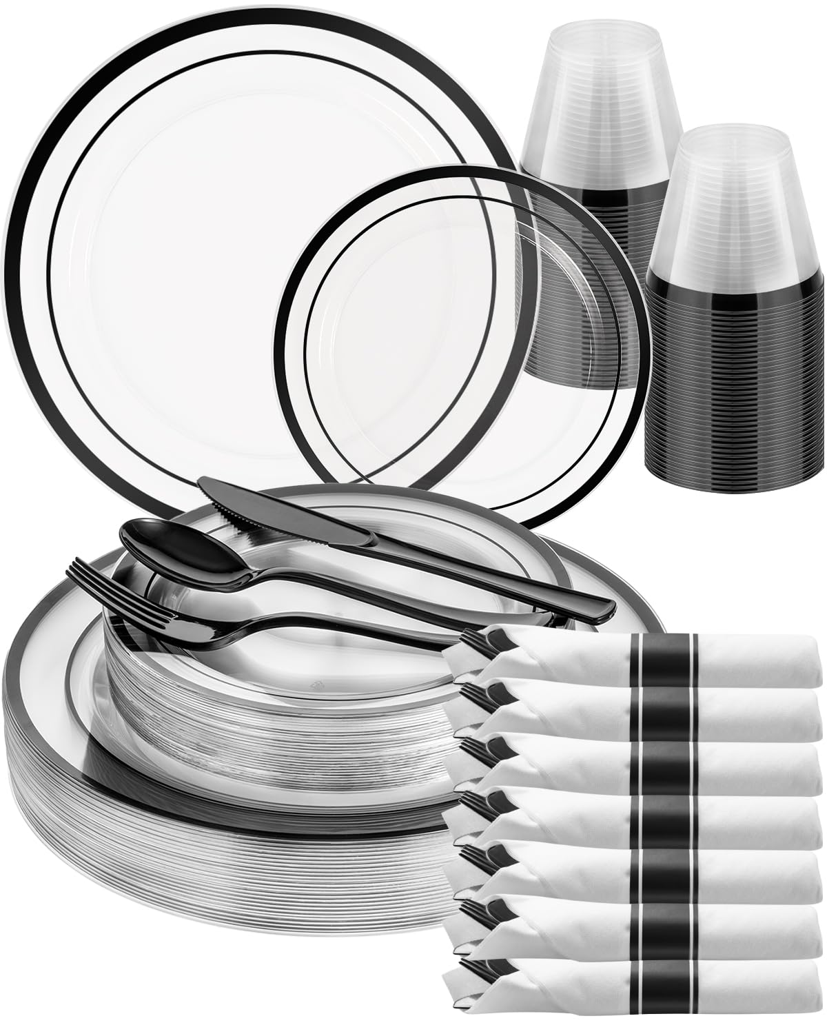 Goodluck 175 Pcs Black Plastic Plates, Clear Plastic Silverware Disposable Plates Set, Include 50 Plates, 25 Pack Pre Rolled Napkins with Silverware, 25 Cups for Party, Wedding, Graduation