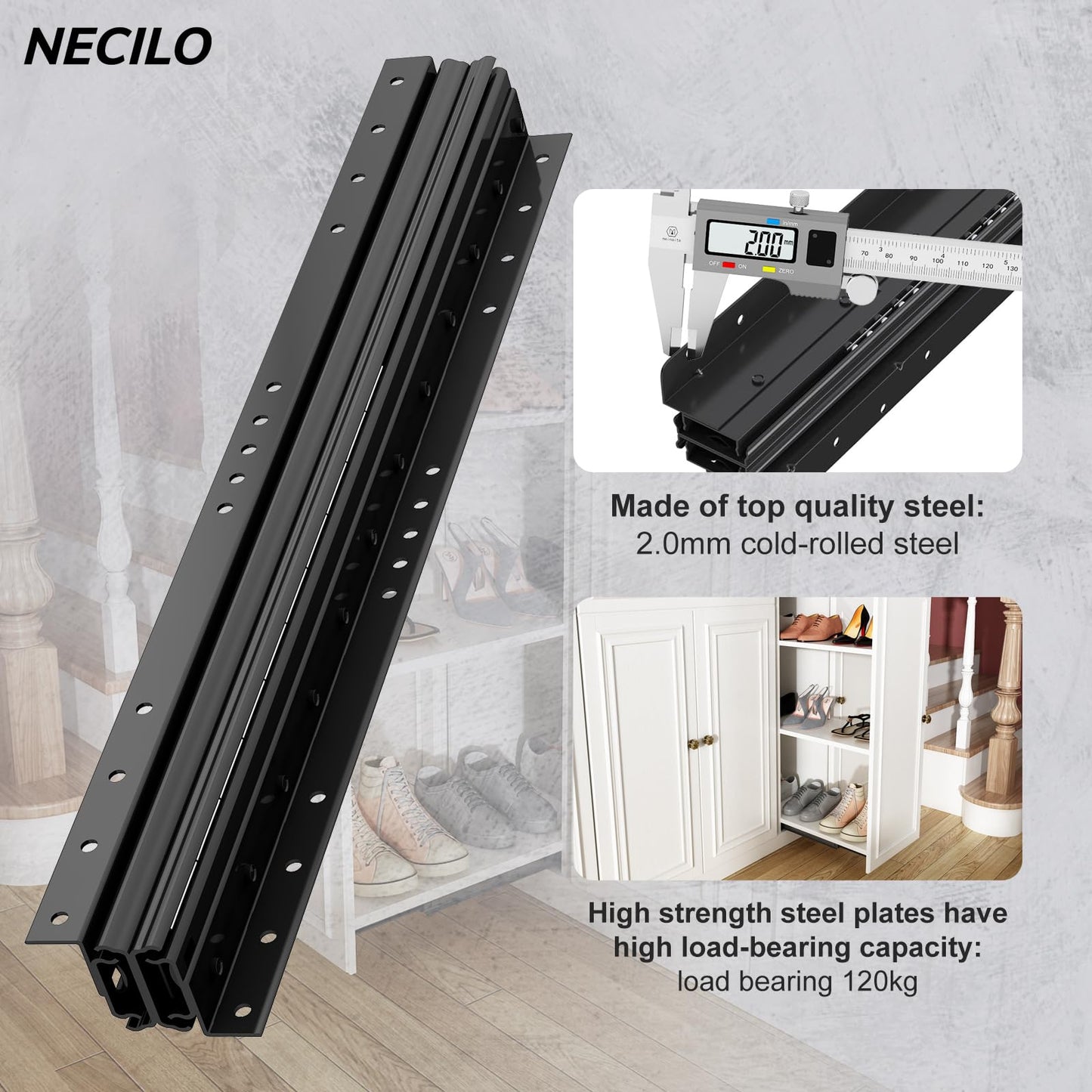 NECILO 36 Inch Undermount Heavy Duty Drawer Slides, 260 lbs Load Capacity, Full Extension Ball Bearing, Concealed Drawer Slides Suitable for Under-Stair and Base Cabinet, Bottom Mount, 1 Pair