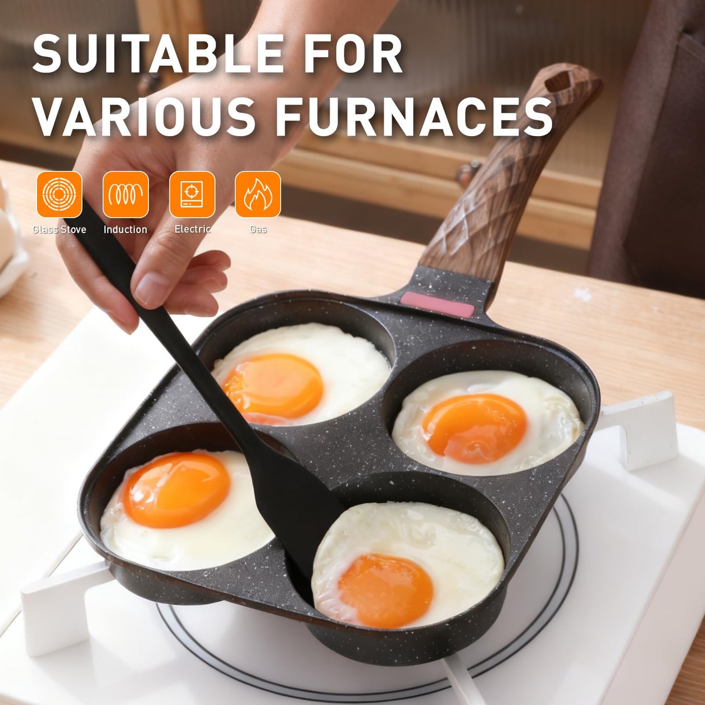 Corlekala Nonstick 4-Cup Egg Pan With Lid, Black Aluminum Non Stick Frying Pans, Bakelite Handle, Healthy Egg Frying Pan For Pancake, Burger, Sandwiches,Suitable For Gas Stove & Induction Cooktop