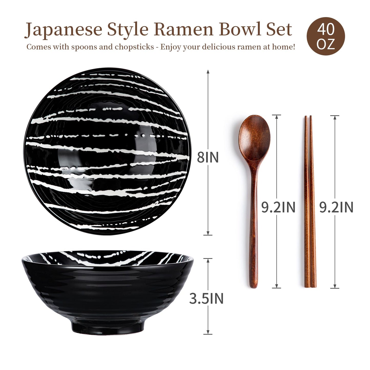 YUN TAO Ceramic Ramen Bowls Set of 2, 40 oz Large Japanese Style Serving Bowls for Salad,Udon, Soba, Pho,Pasta, Asian Soup Noodle with Spoons and Chopsticks (Black)