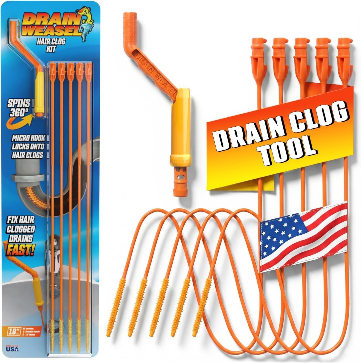 Flexisnake Drain Weasel Hair Clog Remover Kit – Plumbing Snake Auger for Cleaning Shower, Bath Tub, Bathroom Drains with Rotating Handle and 5 Disposable Wands, Made in USA