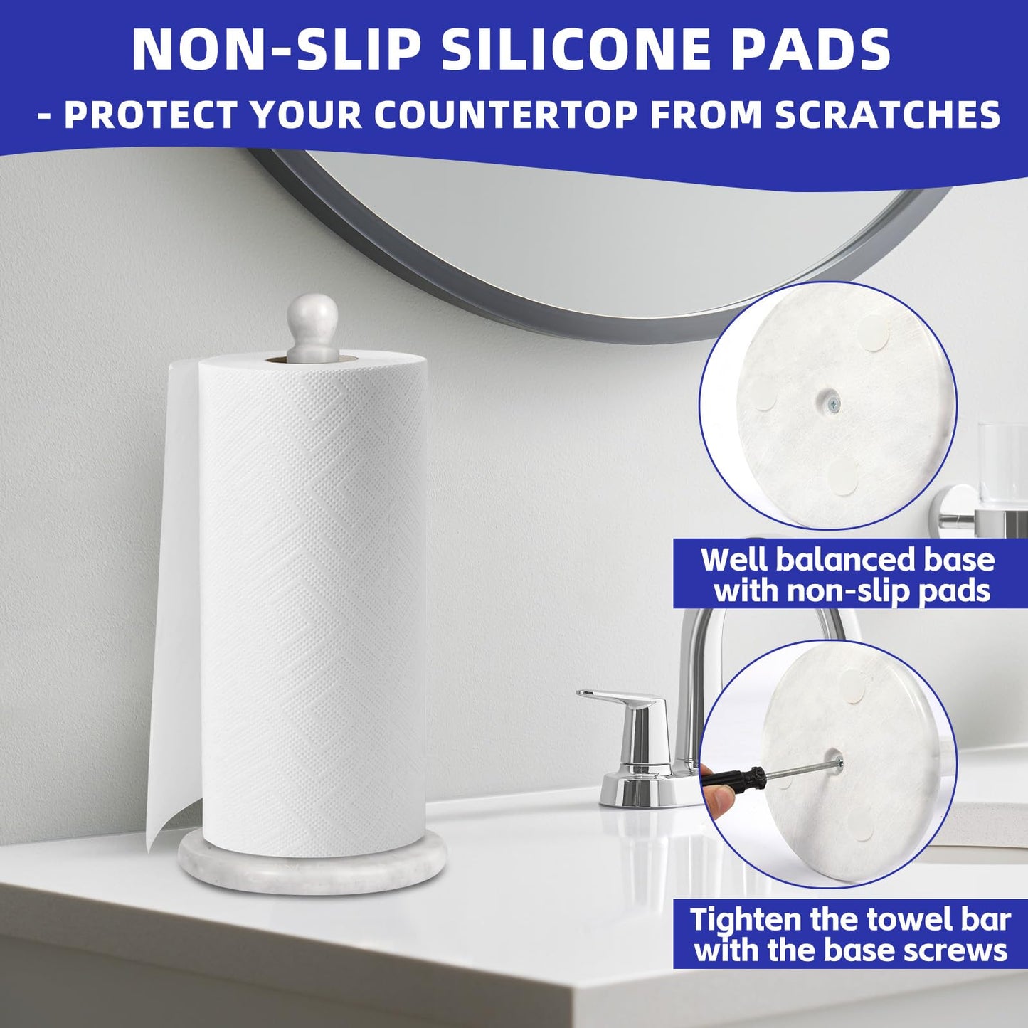 Natural Marble Paper Towel Holder for Kitchen Countertop - 2.6 lbs (1.2kg) Heavy Duty Weighted Base for One-Handed Tearing - Fits Jumbo Rolls - Elegant Modern Design with Ball Top - White & Grey
