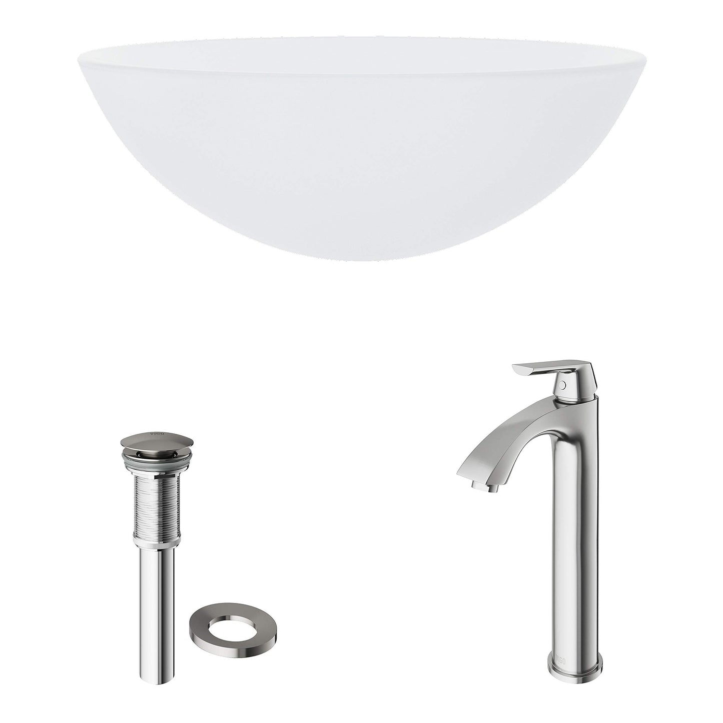 VIGO 17" L -17" W -12" H White Frost Glass Round Vessel Sink Set with Faucet and Drain -VGT1091