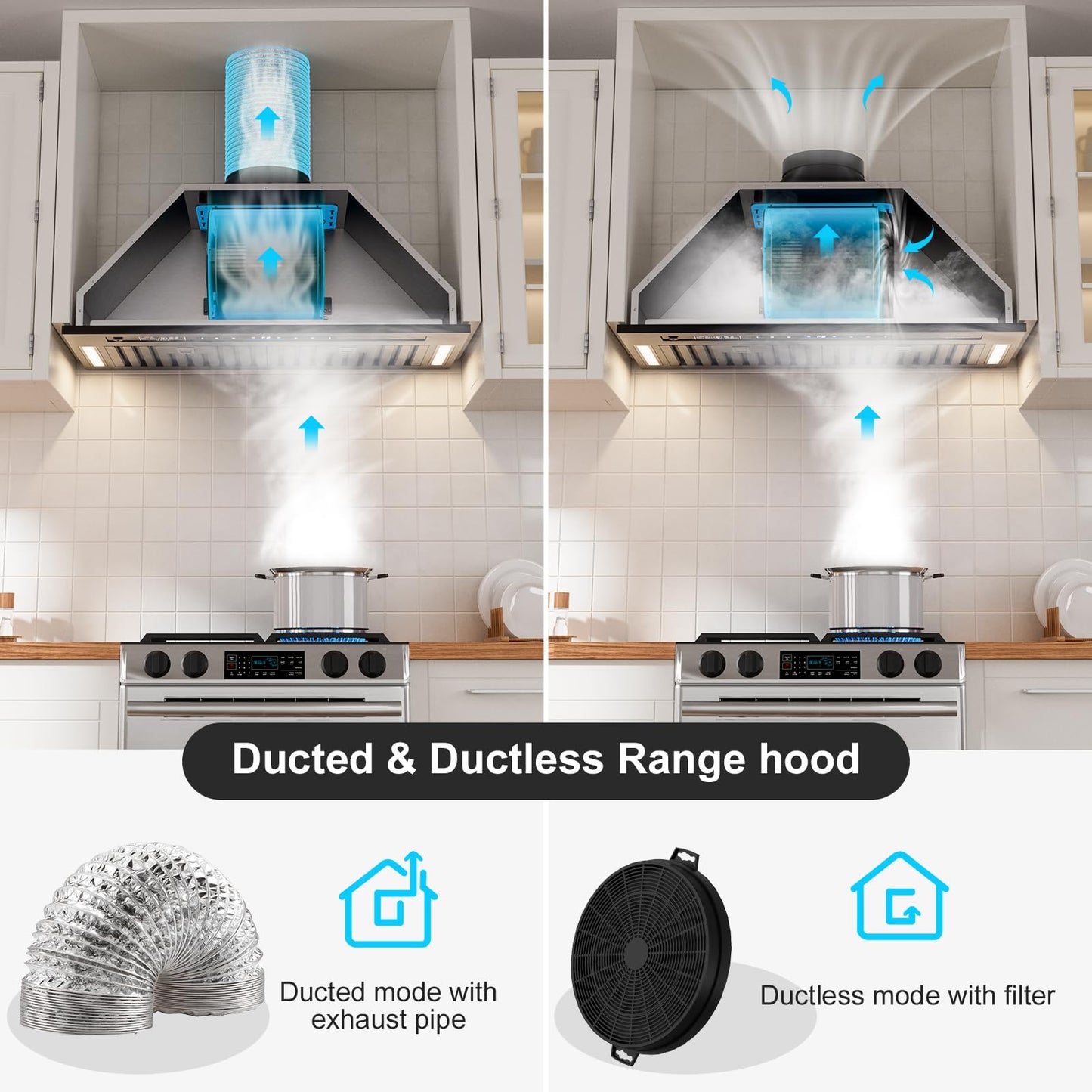 BRANO Range Hood Insert 30 Inch, 900 CFM Voice/Gesture/Touch Control Build-in Kitchen Hood Vent with 4 Speed Exhaust Fan, Memory Mode, Adjustable Lights, Ducted/Ductless Convertible