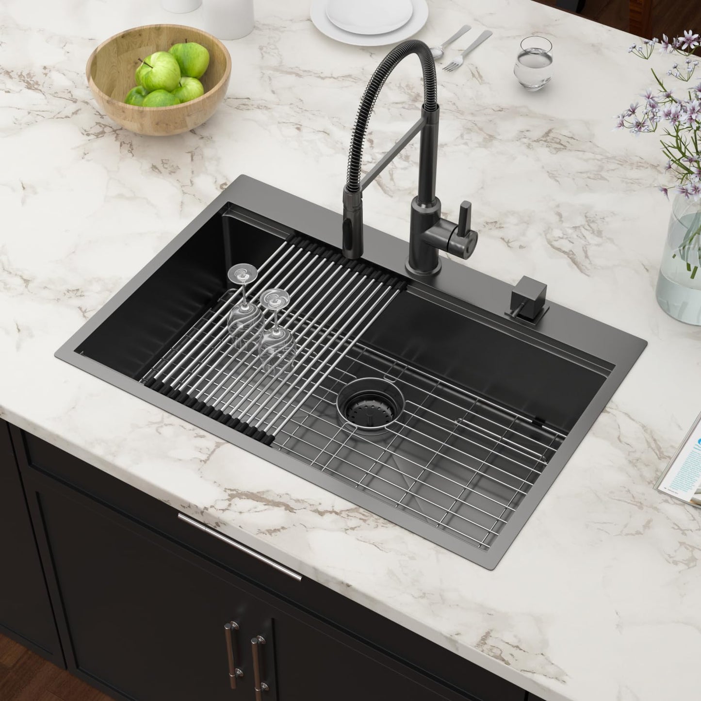 Couoko 33x22 Black Drop In Kitchen Sink Workstation 16 Gauge Stainless Steel Single Bowl Drop Kitchen Sinks Nano PVD Gunmetal Black Handmade Large Deep Topmount Sinks, 33x22x9 Inch