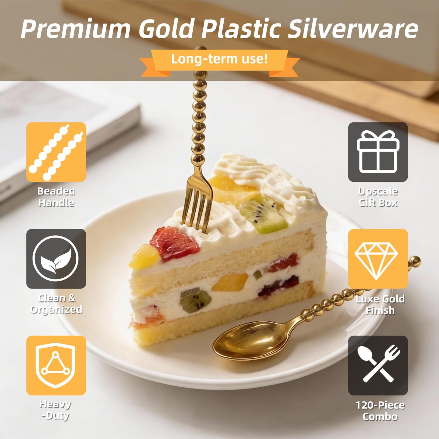 MiraFure Premium Gold Mini Dessert Utensils Set - 120-Piece (60 Forks & 60 Spoons) with Beaded Handle, 4.4 Inch BPA-Free Plastic, Appetizer Utensils for Parties, Charcuterie Boards & Tasting Events