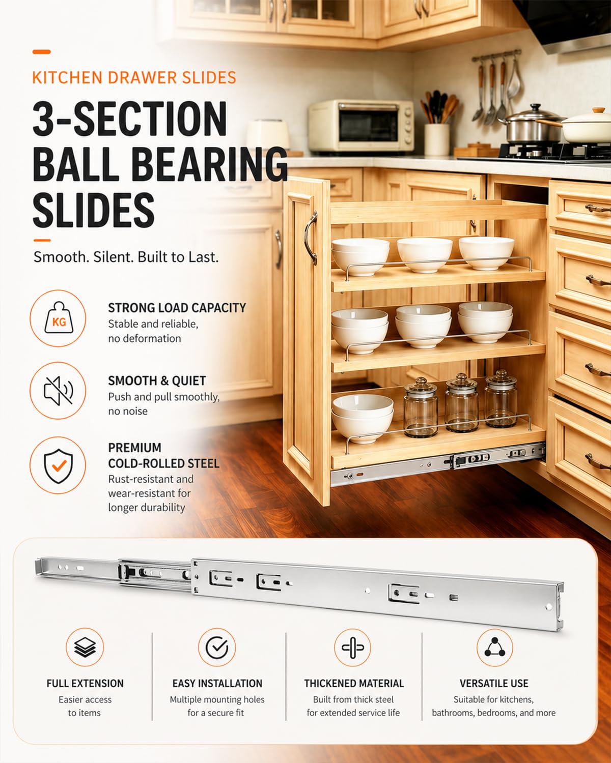 Gobrico 16 inch Drawer Slides 1 Pair，Soft Close Drawer Slides 3 Fold, Cabinet Drawer Slides Full Extension Drawer Hardware, Heavy Duty Hydraulic Self Close Rails, Side Mount Ball Bearing Tracks