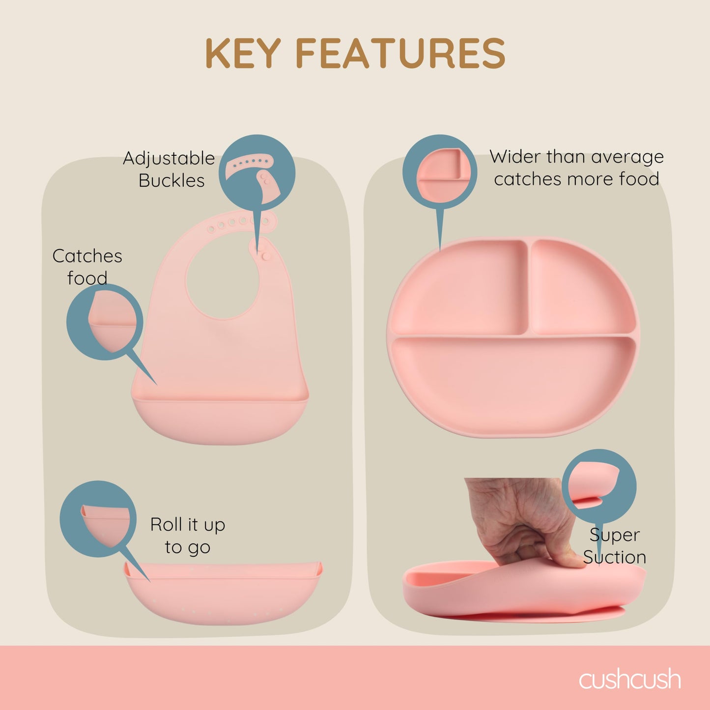 Cushcush Silicone Baby Feeding Set, Baby Led Weaning Supplies, First Stage Solid Food eating Utensils, Divided Suction Plate, Bowl, Bibs, Sippy Cup, Placemat - 6+ months Newborn Gift (Blush Pink)