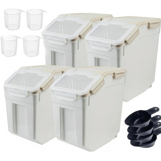 RUIAN 25lb Flour Rice Storage Containers Bin, Large Airtight Storage Container with Wheels Seal Locking Lid, with Measuring Cup&Scoop for Flour, Rice, Grain(Gray 4PCS)