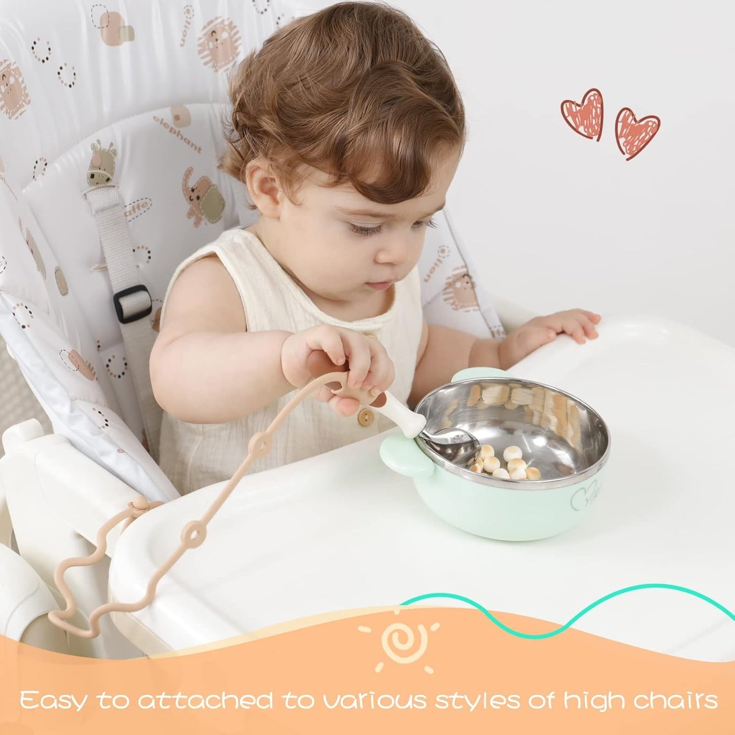 4PK Baby Spoon and Fork with Holder Straps for Kids Aged 6+ Months Self Feeding, No Throw Toddler Travel Essential Leash for High Chair or Bib or Wrist, Silicone Baby Led Weaning Supplies-Green/Green