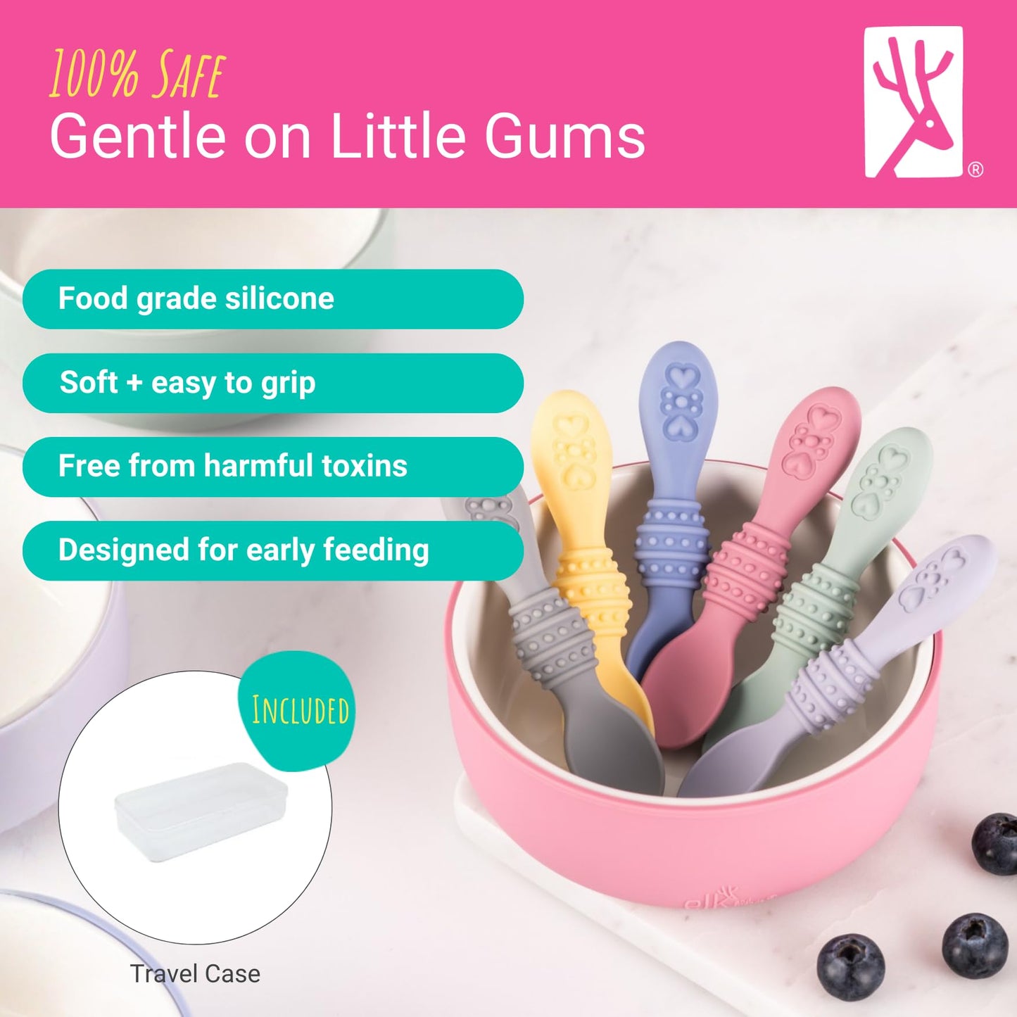 Elk and Friends Silicone Baby Spoons | Travel Case Included | First Stage Infant Toddler Spoon | Baby Led Weaning Stage | Dishwasher Safe