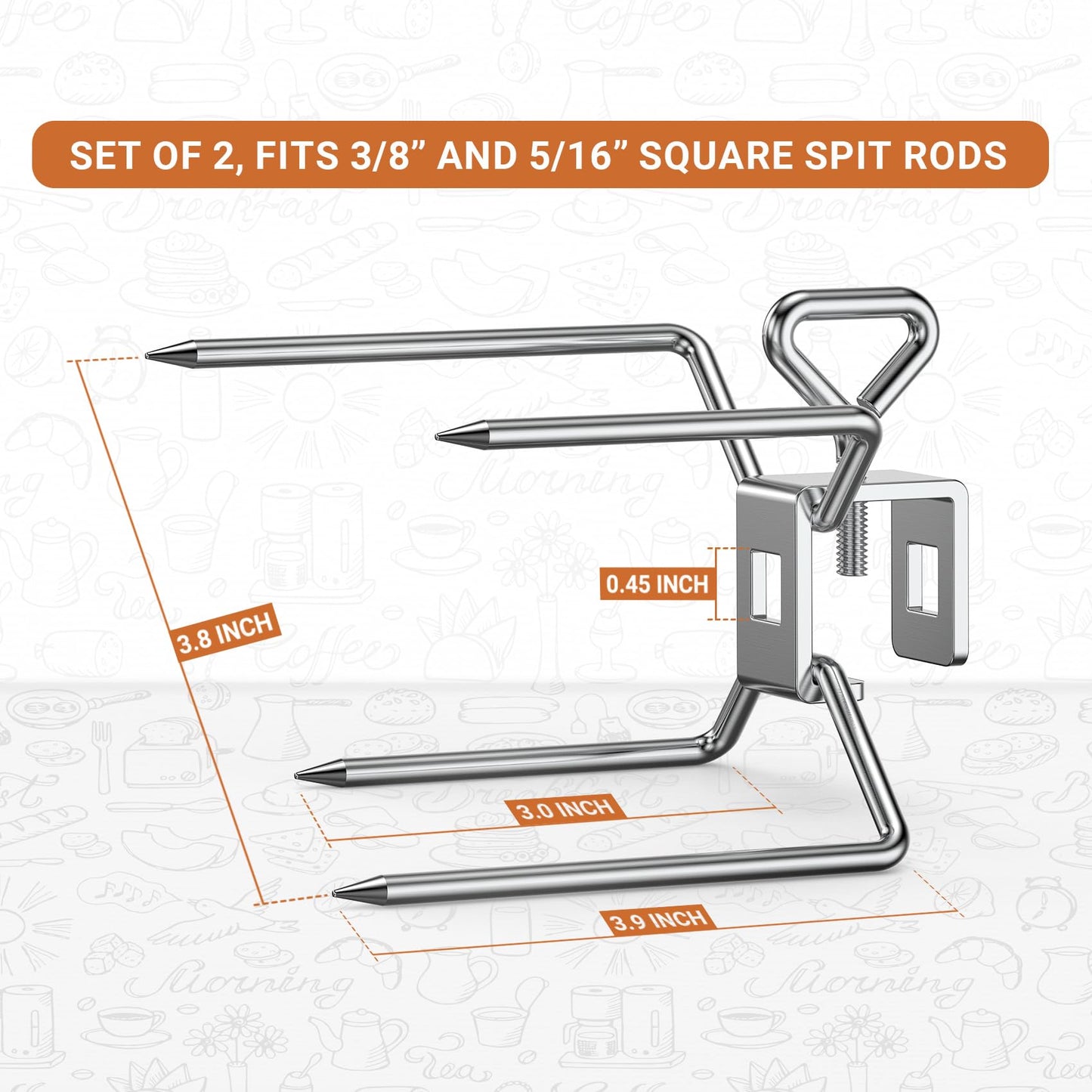 Onlyfire 6102 Stainless Steel Grill Rotisserie Forks(1-Pair)-Fits for Weber 3/8" and 5/16" Square Spit Rods