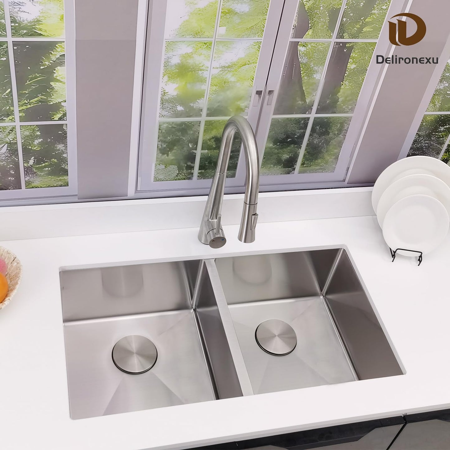 32 Inch Double Bowl Kitchen Sinks Undermount – Delironexu 16 Gauge Stainless Steel Kitchen Sink Double Bowl, 32x18 Undermount Kitchen Sink with Brushed Finish, 50/50 Double Sink