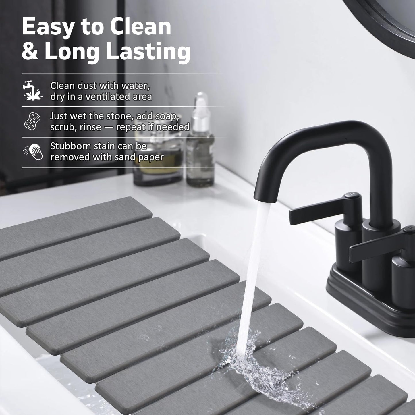 Stone Dish Drying Mat for Kitchen Counter – Collapsible 24"(L)×16 (W) Super Absorbent Diatomaceous Earth Dish Drying Mat, Grey Kitchen Counter Mats for Dishes ,Bottles, Cups, Match Any Countertop