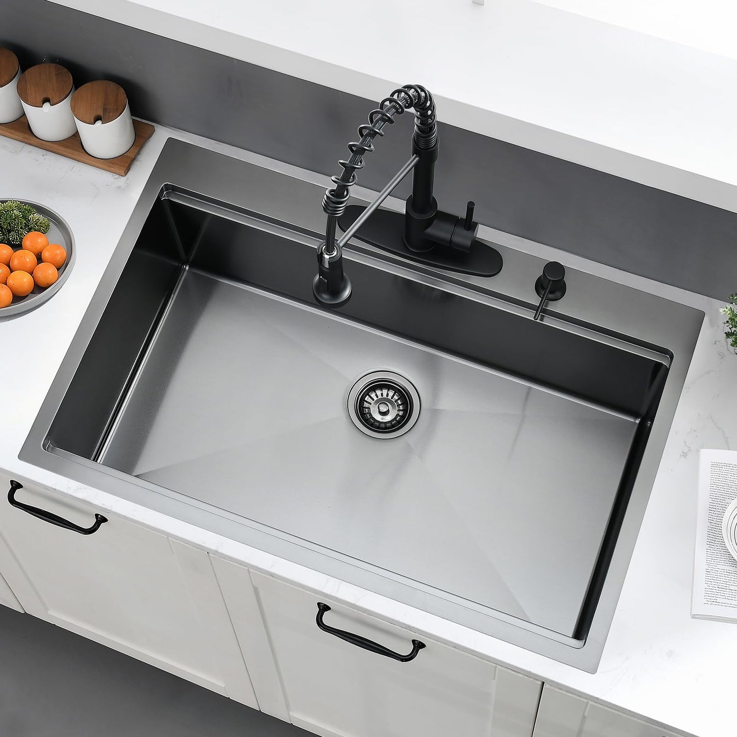 BWXIAOC 33 x 22 Drop In Kitchen Sink Black Workstation - 16 Gauge Stainless Steel Sinks Handmade 10 Inch Deep Single Bowl Kitchen Sink Top Mount Easy to Clean
