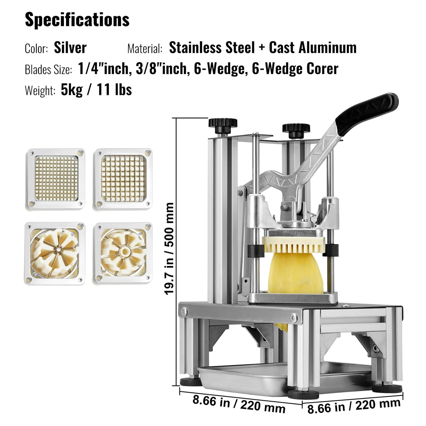 VEVOR Commercial French Fry Cutter with 4 Replacement Blades, 1/4" and 3/8" Blade Easy Dicer Chopper, 6-wedge Slicer and 6-wedge Apple Corer, Lemon Potato Cutter for French Fries with Extended Handle