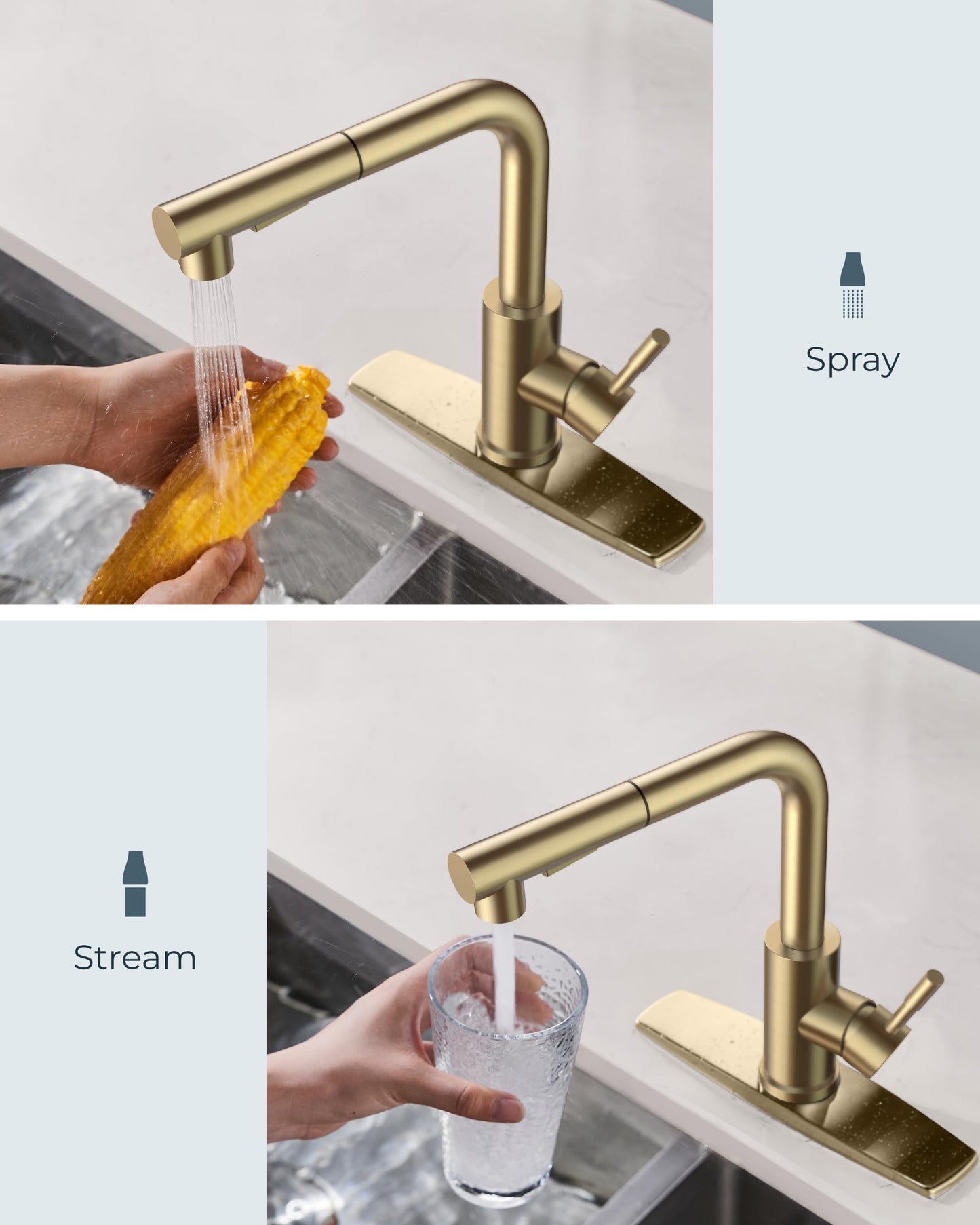 FORIOUS Gold Kitchen Faucet with Soap Dispenser, Stainless Steel Sink Faucet with Pull Out Sprayer Modern Single Handle Suitable for RV Bar Farhouse Laundry Outdoor