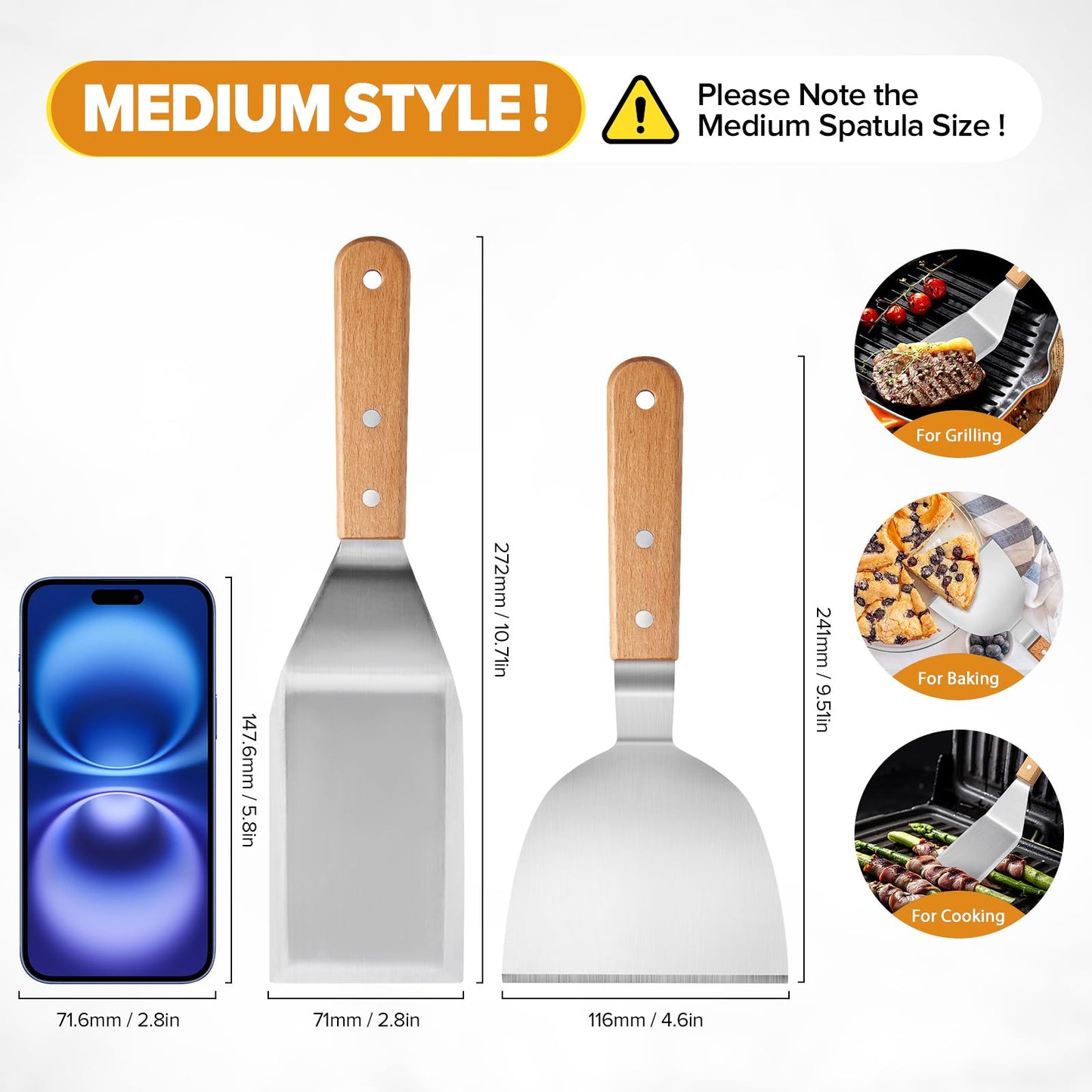 Metal Spatula Set,Fish Griddle Spatulas,Stainless Steel Spatula Turner with Wooden Handle,Small Wide Beveled Edges Spatulas Flippers for Cast Iron Skillet, Pancake, Egg, Burger, Omelet, 2 Pack