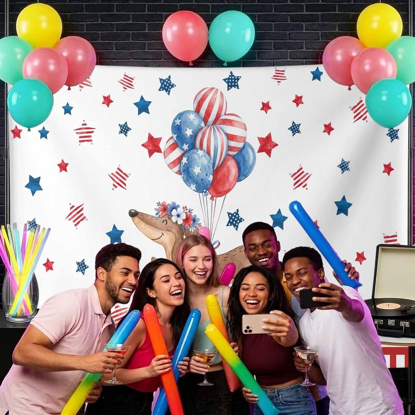 Generic 12 8 Independence Day Photo Backdrop for Photoshoot, x FT Flag Day Sausage Dog Blue Red Star Balloon Photo